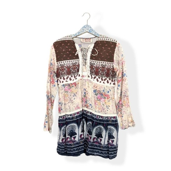 Gypsy Rose Tops - Gypsy Rose Multi Pattern Lace Up Boho Peasant Top